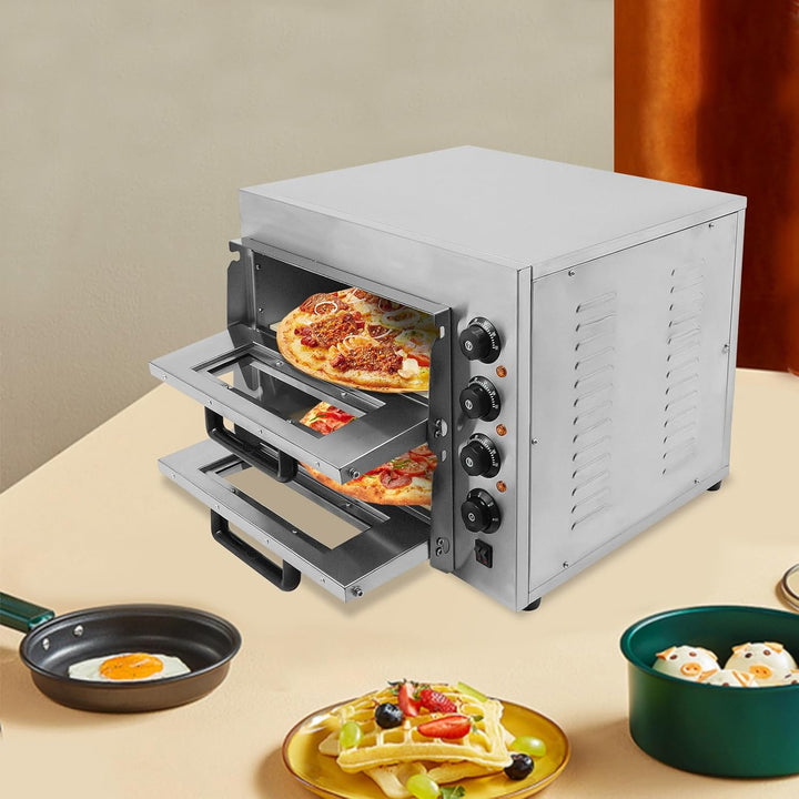 2-Etagen Pizza-Ofen 3000W Elektrischer Pizzaofen Edelstahl Elektrisch Gastro Steinbackofen mit Hands
