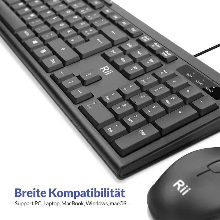 Rii Kabelgebundenes Tastatur-Maus-Set, PC Tastatur mit Kabel, Spritzwassergeschützt, Ergonomisch, US