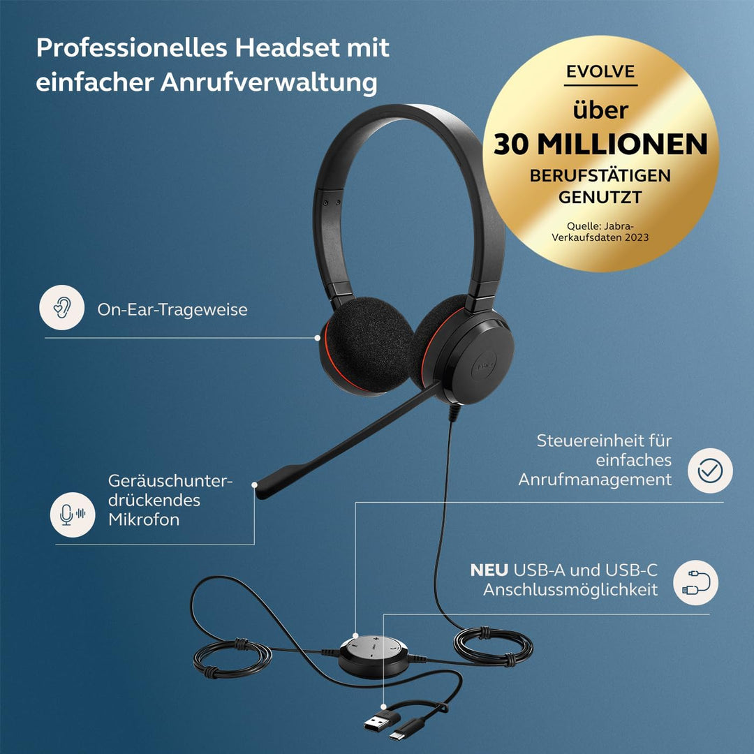 Jabra Evolve 20 Stereo Headset - Microsoft Zertifizierte Kopfhörer für VoIP Softphone mit passiver G