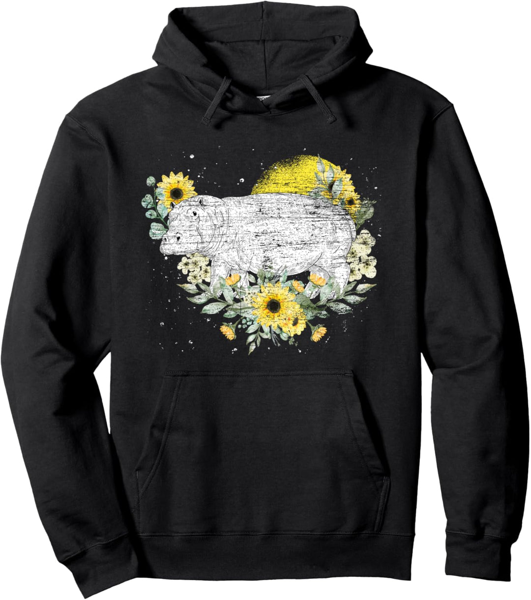 Gelbe Sonnenblume Hippo Afrika Zoo Tier Vintage Nilpferd Pullover Hoodie