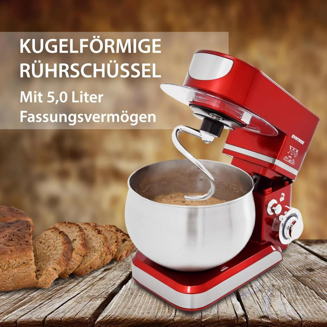 Syntrox Küchenmaschine & Knetmaschine Rot Basic 5 Liter, Stabile rutschfeste Gummifüsse, Hochwertige