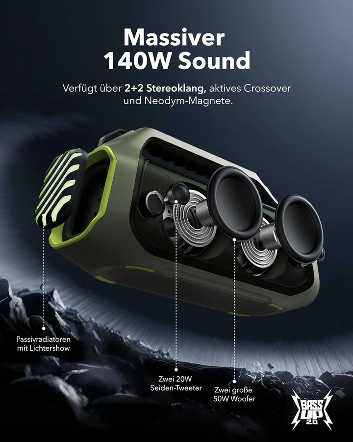 soundcore Boom 2 Plus Outdoor Lautsprecher, 140W, 2+2 Channel, BassUp 2.0, 20h, Schnellladung, IPX7