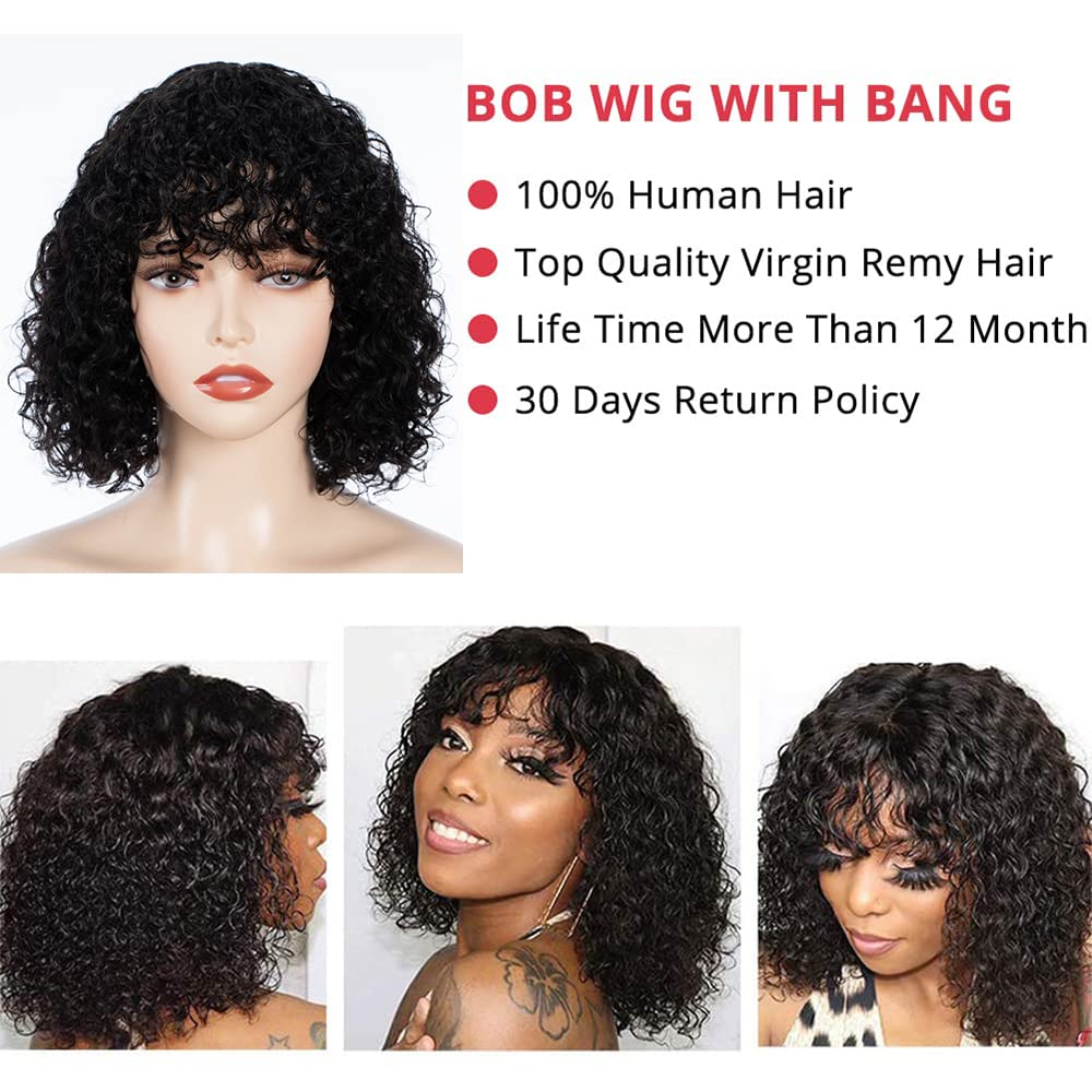 FASHION IDOL Bob Curly Echthaar-Perücken mit Pony Jerry Curl Bob Perücken Echthaar brasilianische Vi