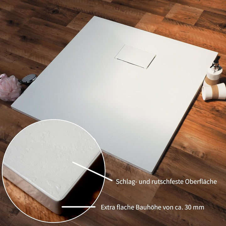 Duschwanne 80x80 cm SMC Brausewanne schwarz Steinoptik Antirutsch Duschtasse Höhe 3,2 cm Niedrige Sc