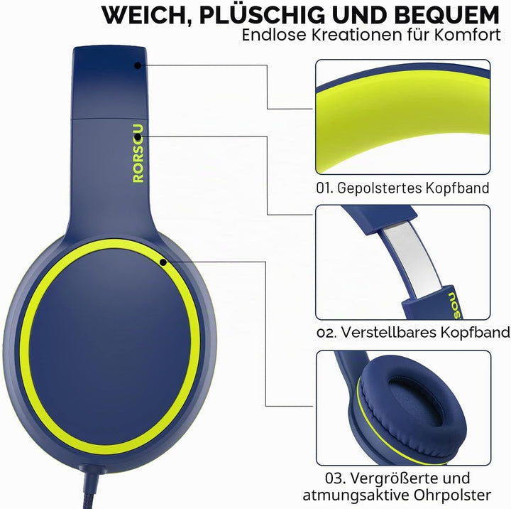RORSOU R10 Over-Ear Kopfhörer mit Mikrofon, Leichtgewichtige klappbare Stereo-Bass-Headset mit 1,5 m