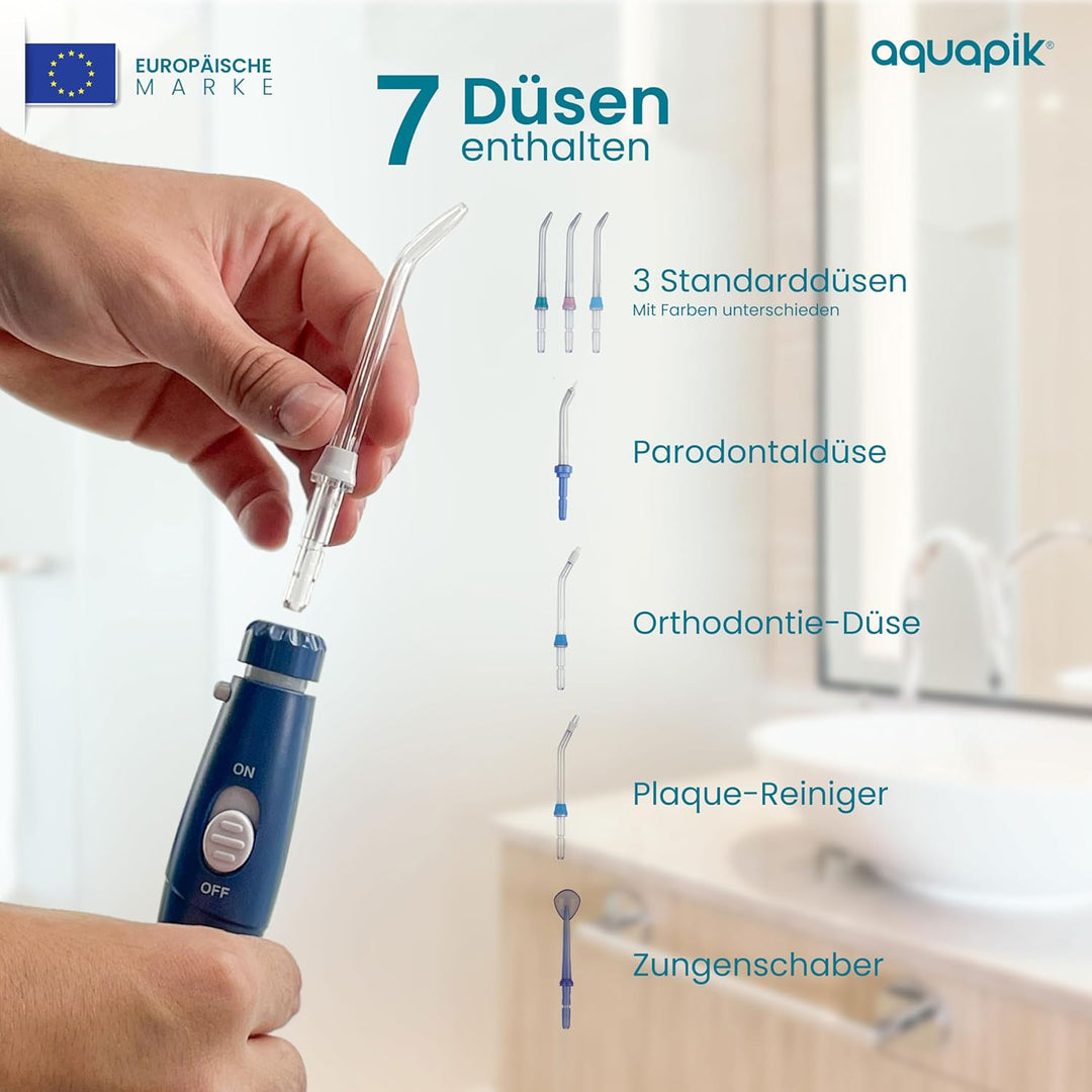 Aquapik® 100 professionelle Munddusche | Plaqueentferner + von Zahnärzten empfohlen | 8 Düsen, 10 Dr
