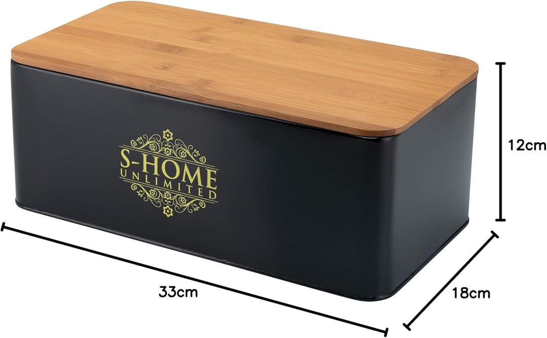 Brotkasten Metall Schwarz mit Bambusdeckel | 2-in-1 Brotbox &amp; Schneidebrett | Belüftete Brotaufbewah