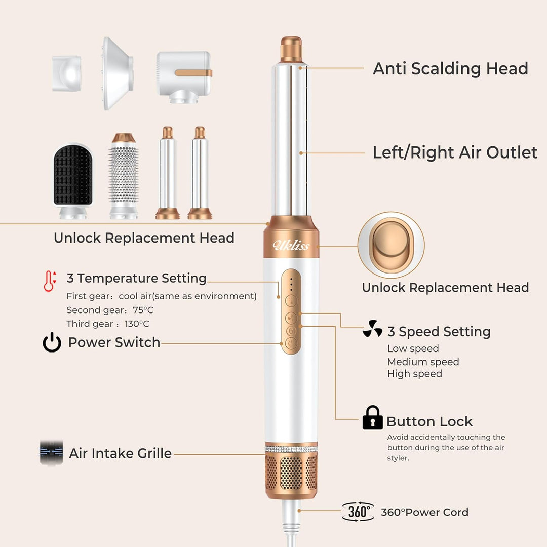 UKLISS 7 in 1 Airstyler & Haartrockner Pro, Föhn Set High Speed 110,000RPM mit Luft-Lockenstab Föhnb