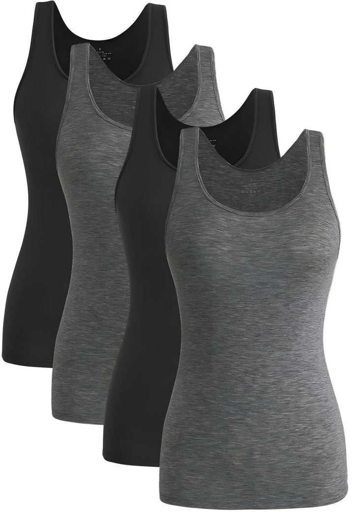 Knuffnee Damen Stretch Unterhemd Basic Tank Tops Workout Unterhemden Tops 4er Pack M Schwarz/Dunkelg
