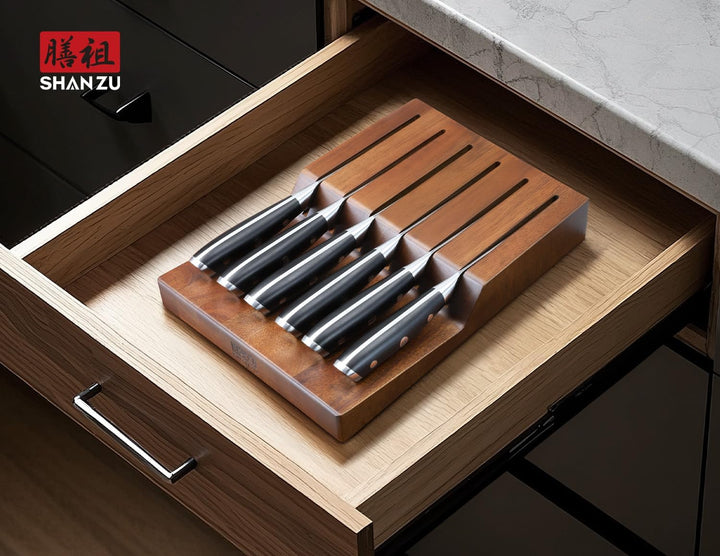 SHAN ZU Steakmesser-Set 7-teilig, 11 cm Damast-Steakmesser mit Block, japanisches Küchenmesser-Set m