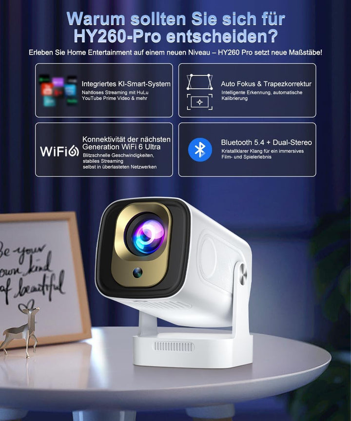 Beamer 4K HY260pro,Mini Beamer heimkino mit WiFi 6 Bluetooth 5.4,1080P Full HD mit Android TV,180° R
