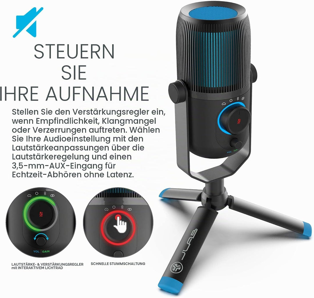 JLab Talk USB Mikrofon PC Plug und Play mit USB-C, 4 Richtcharakteristiken, Lautstärkeregelung und S