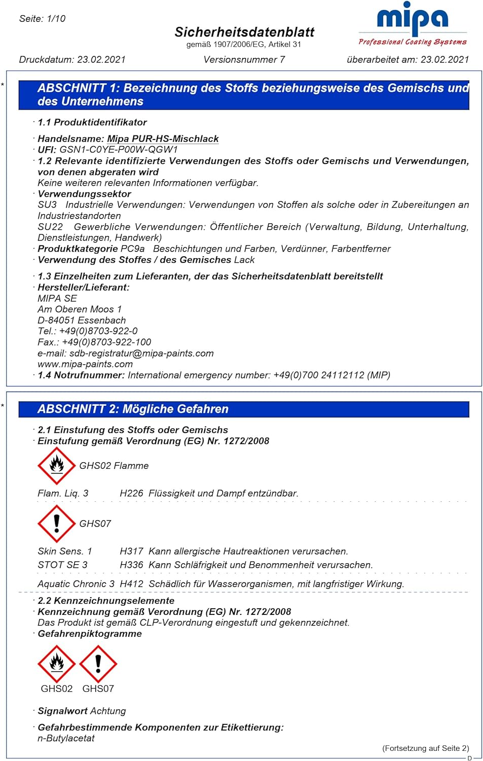 MIPA 2K Acryllack PUR 2K HS Fahrzeuglack 3 Liter