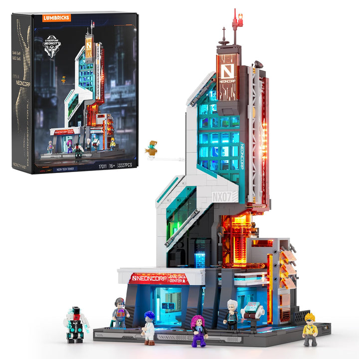 Lumibricks Neon Tech Tower Beleuchtetes Klemmbaustein-Set, 2227 Teile Cyberpunk-Wolkenkratzer mit 27