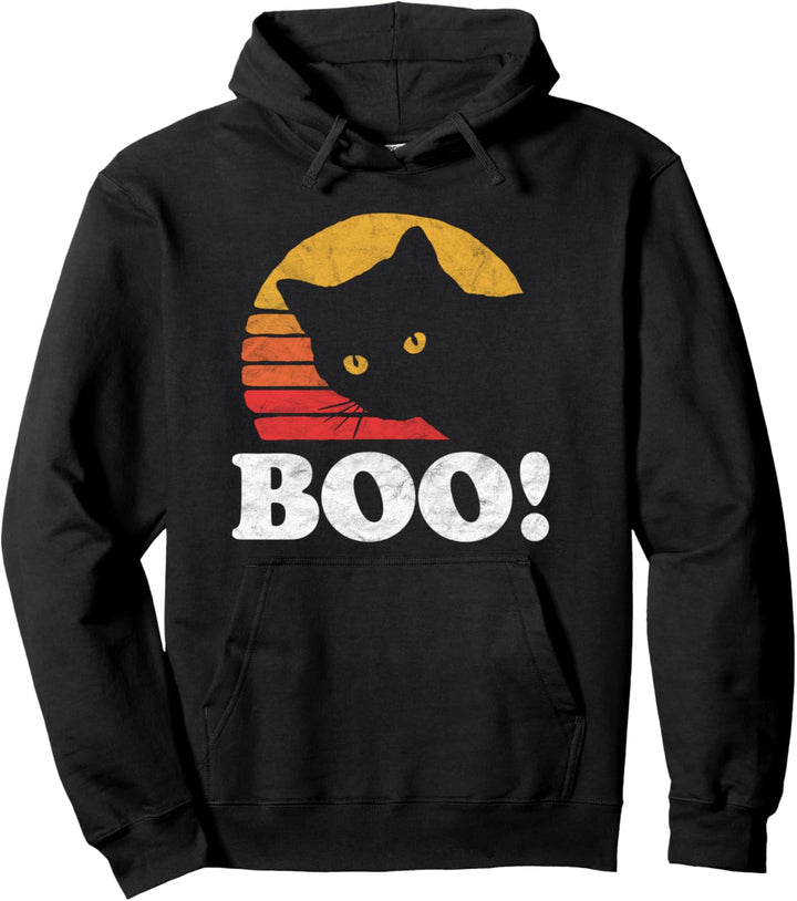 Boo! Vintage Eighties Style Cat Retro Distressed Halloween Pullover Hoodie