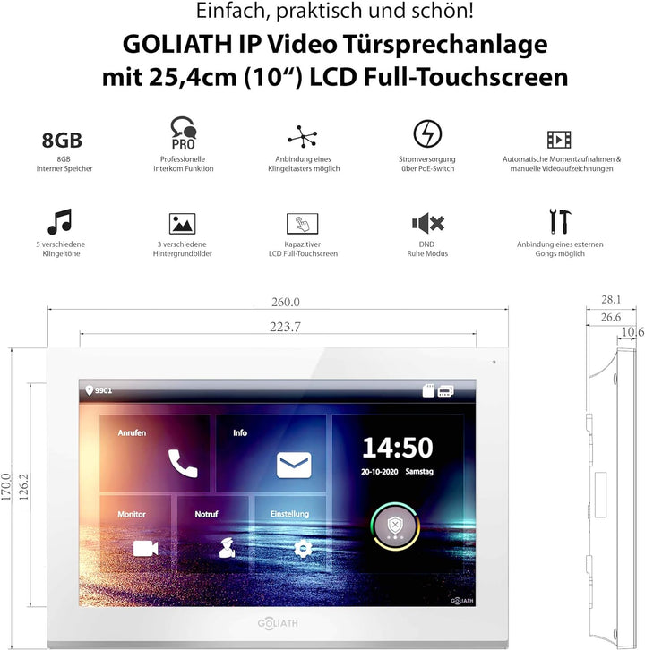 GOLIATH Hybrid IP Video Türsprechanlage – 10" Full-Touchscreen Monitor, Aluminium Unterputz Türstati