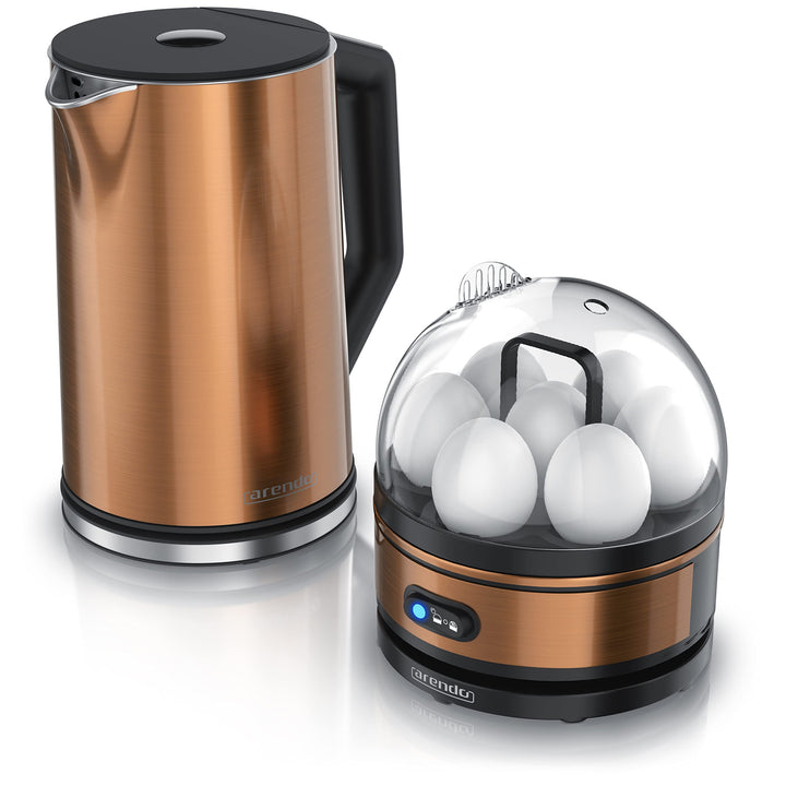 Arendo - Set Wasserkocher ELEGANT mit Eierkocher SEVENCOOK Edelstahl Kupfer, Wasserkocher 1,5L 40° -