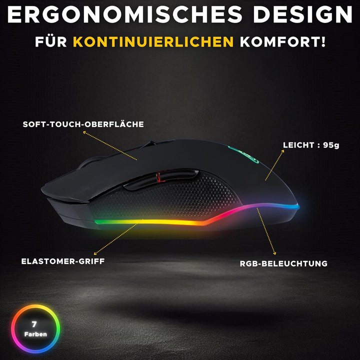 THE G-LAB Kult Helium USB-Gamer-Maus mit Kabel - Optischer Sensor mit 800 bis 6400 DPI, 7-farbige LE