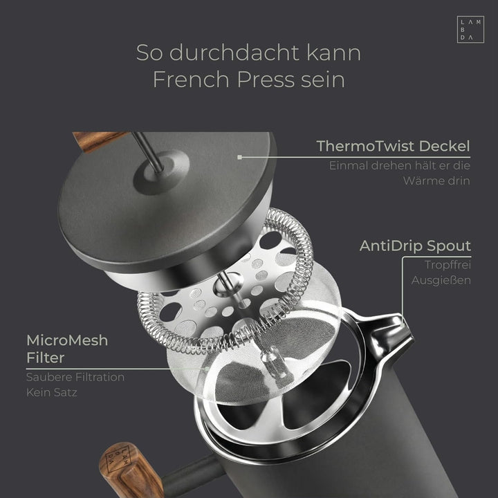 LAMBDA COFFEE® CALDERA Thermo French Press Edelstahl I 0,6 Liter - 3 Tassen Dusk Blue Blau I 3 Gröss