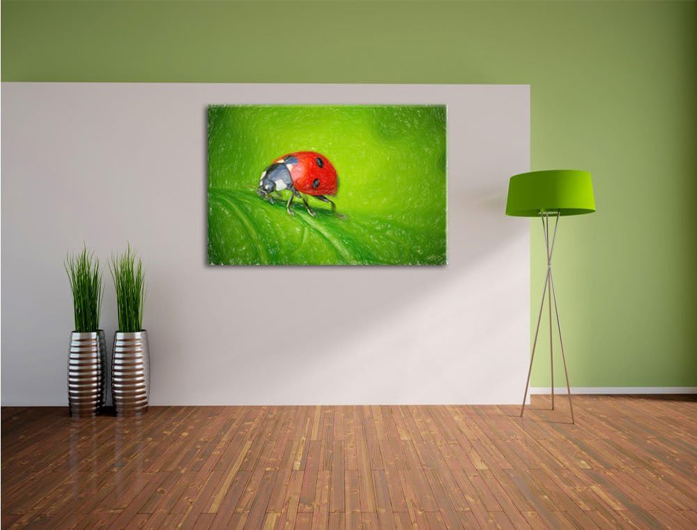 Pixxprint Marienkäfer auf Blatt als Leinwandbild/Grösse: 100x70 / Wandbild/Kunstdruck/fertig bespann