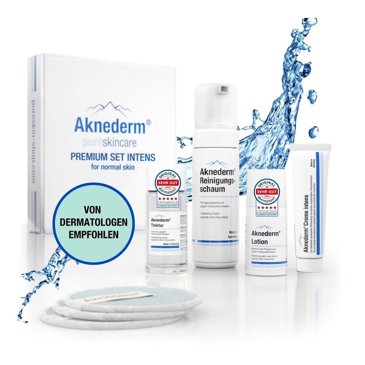Aknederm Premium Set intens für normale Haut - Set mit Tinktur/Reinigungsschaum/Lotion/Creme intens