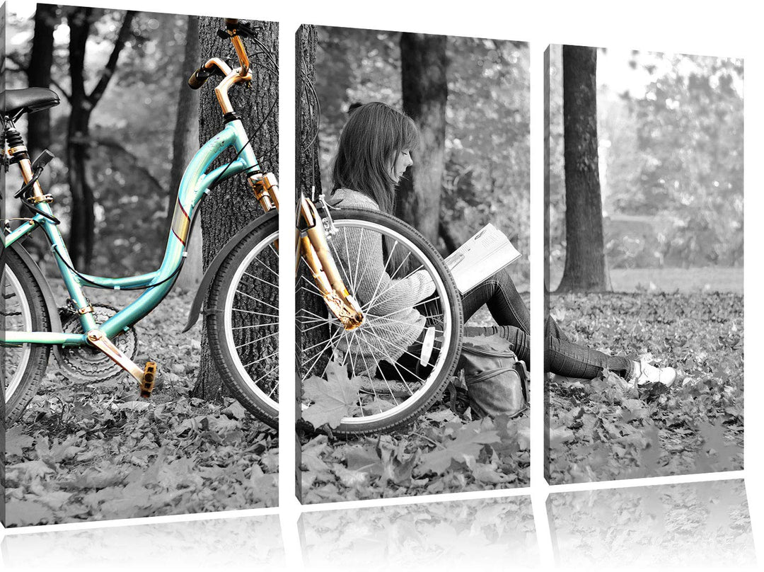 Pixxprint Junges Mädchen mit Fahrrad als Leinwandbild | Grösse: 3 Teilig (120x80) | Wandbild| Kunstd