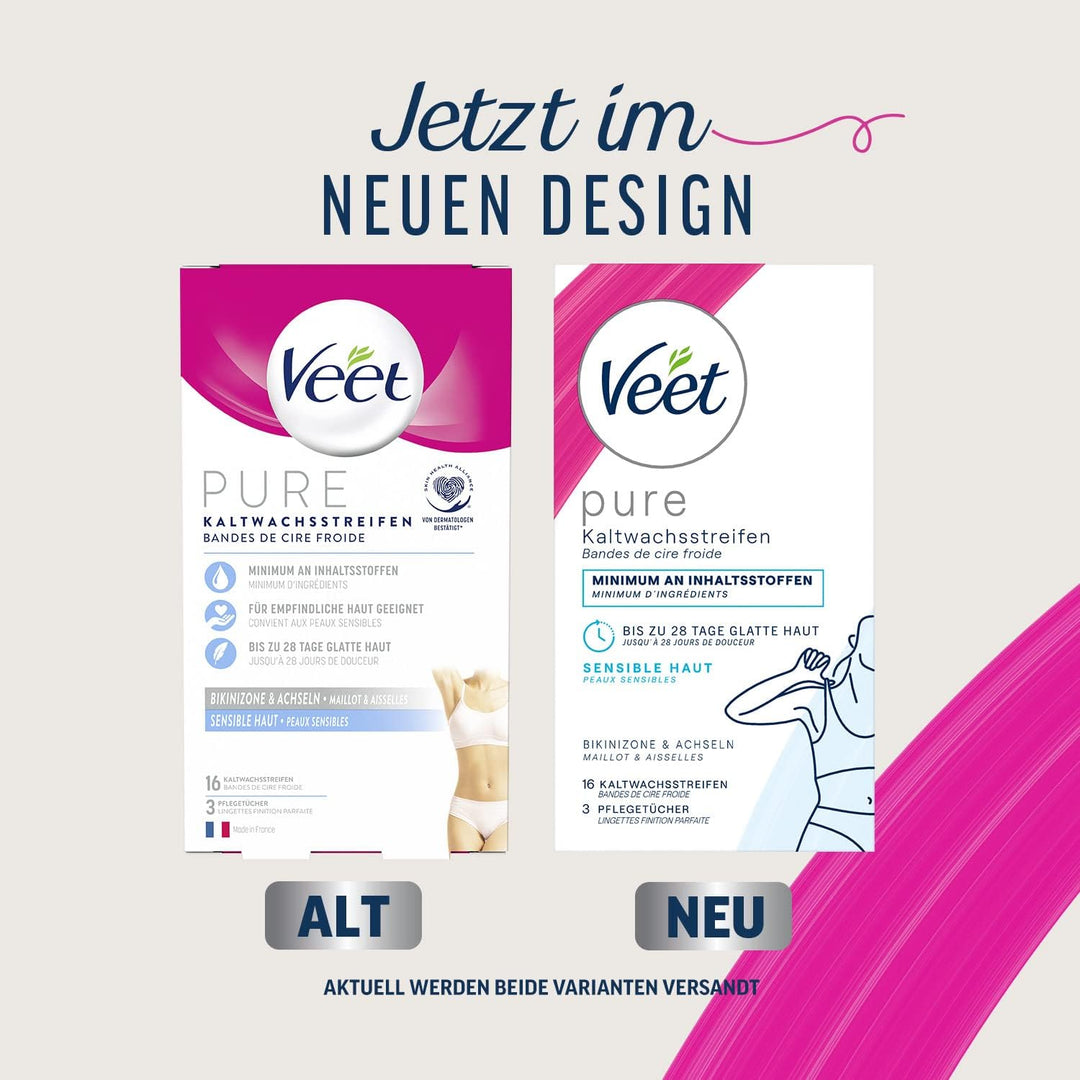 Veet Pure Kaltwachsstreifen für Bikinizone &amp; Achseln - Haarentfernung für sensible Haut - Bis zu 28