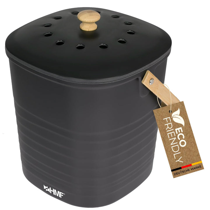 HMF Nachhaltiger Biomülleimer Küche, Geruchsdichter Komposteimer mit Deckel | 6 Liter | Schwarz Schw