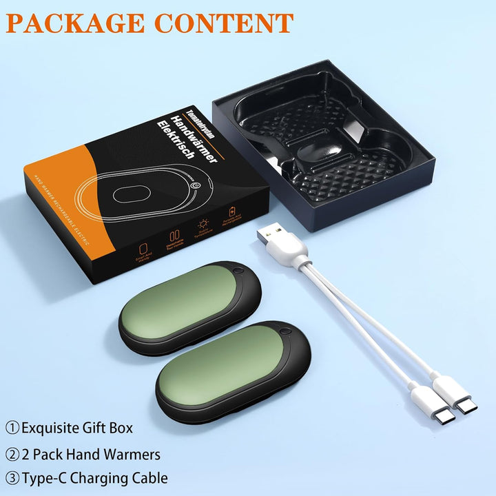Elektrischer Handwärmer,Handwärmer Wiederaufladbar 2er Set mit 6000mAh,Taschenwärmer USB-Kabeln,3 He