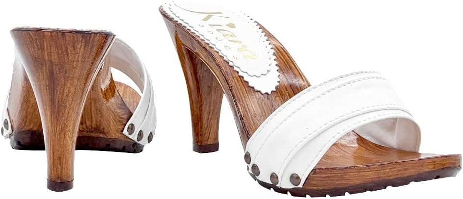 Holzeffeckt Clogs mit doppeltem Weiss Band hoher Absatz 9 cm - K6101 Bianco (39 EU, Weiss) 39 EU Wei