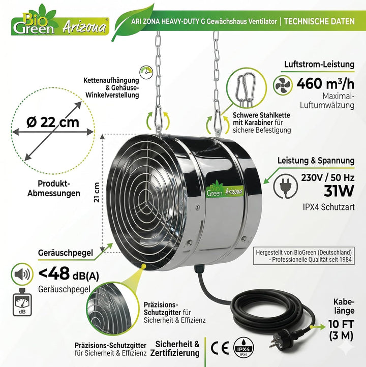 Bio Green Ventilator, 31W, 460 qm/h für Gewächshaus und Wintergarten, IP X4 spritzwassergeschützt, E