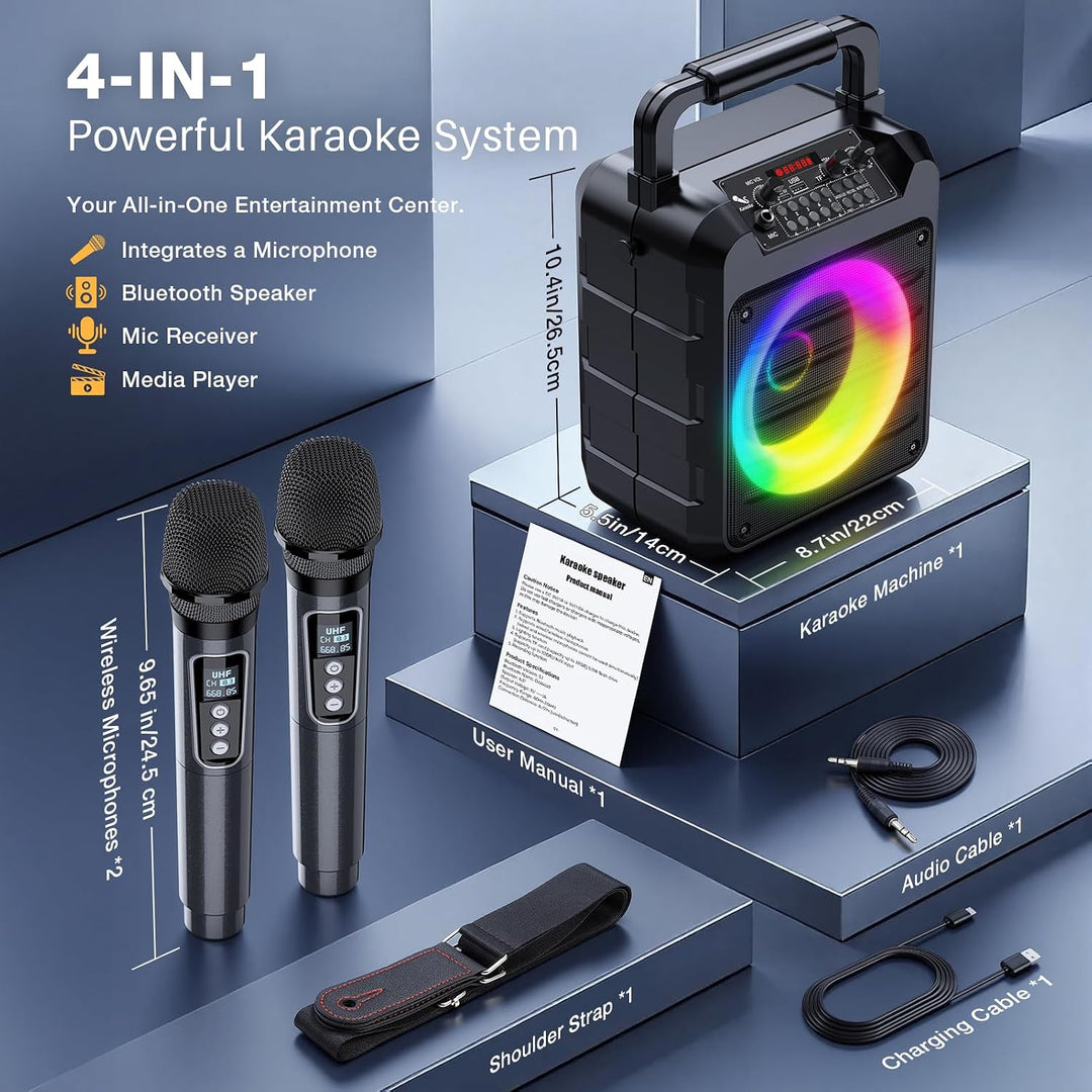 Dislocati Karaoke Maschine mit 2 Wireless Mikrofonen - 20W Tragbarer Party-Lautsprecher, LED-Lichtsh
