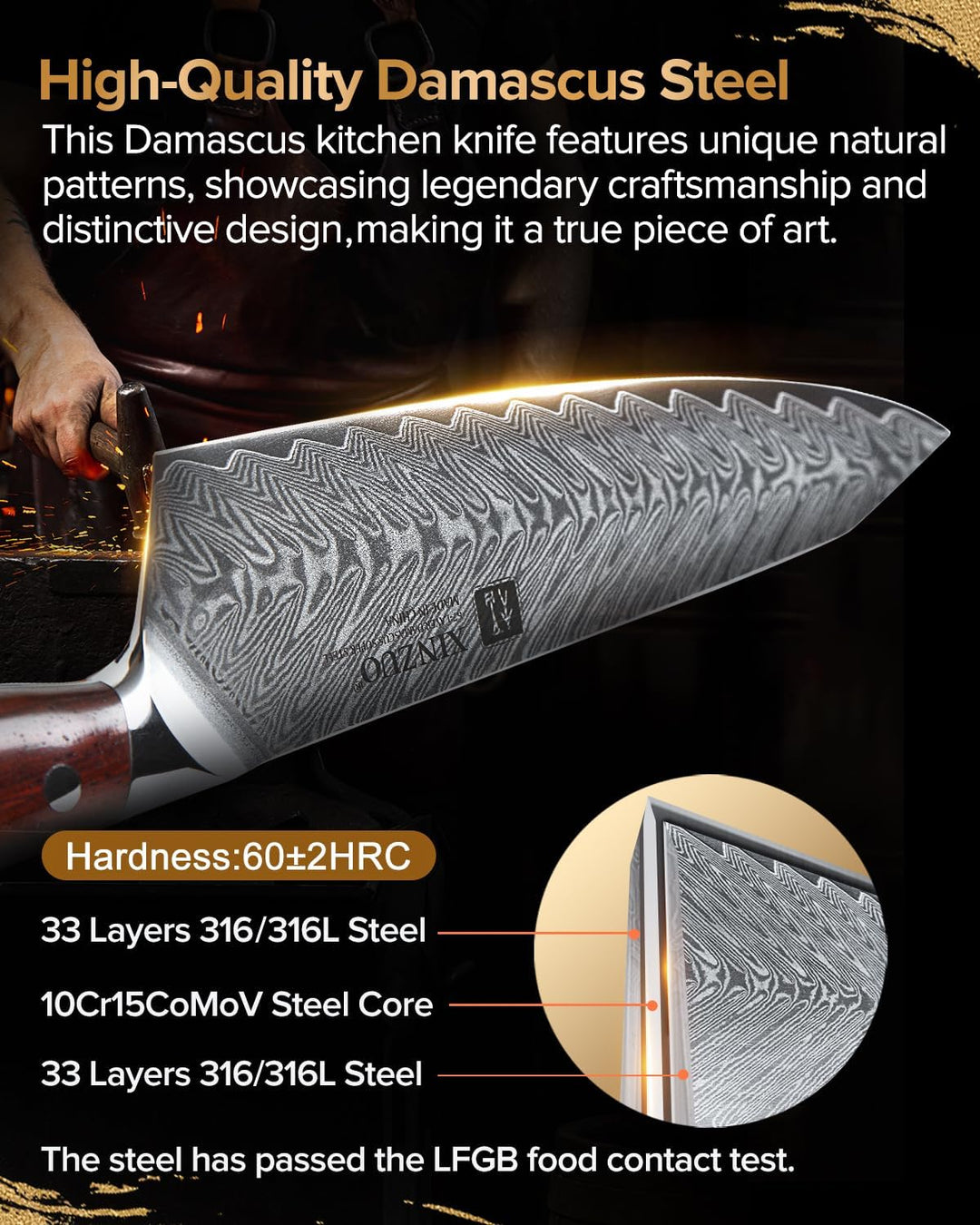 XINZUO Damaststahl Kochmesser, 21cm Kiritsuke Chefmesser Profi geschmiedet Kochmesser, Scharfe Kling