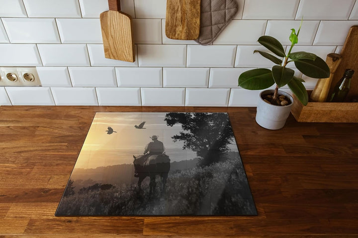 Ein Cowboy im Sonnenuntergang Herdabdeckplatte & Spritzschutz aus Echtglas | Für Herd-Kochfelder | 6