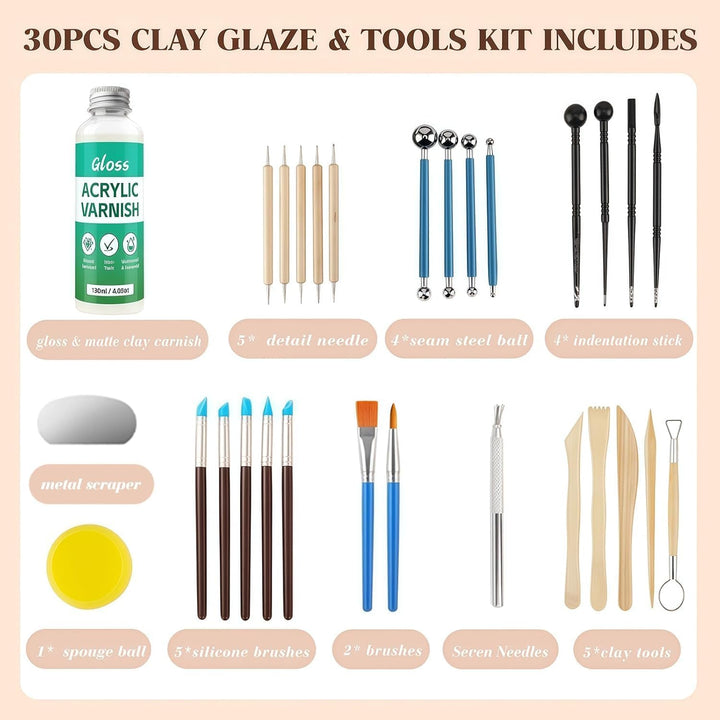120ml Air Dry Clay Glaze - 30Pcs Tonglasur mit lufttrocknendem Ton Werkzeug Set, Modellierwerkzeug W