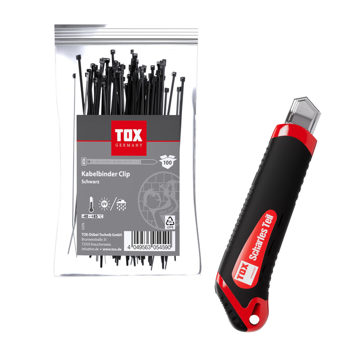 TOX Kabelbinder-Set Clip (300-tlg.) + Cuttermesser, Kabelbinder in 3 Grössen mit jeweils 100 Stück,