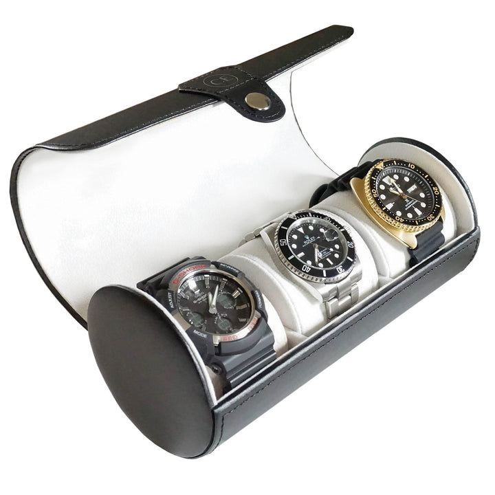 CASE ELEGANCE zylindrische Uhrenbox aus Vegan Leder in Schwarz für 3 Uhren Black, Black