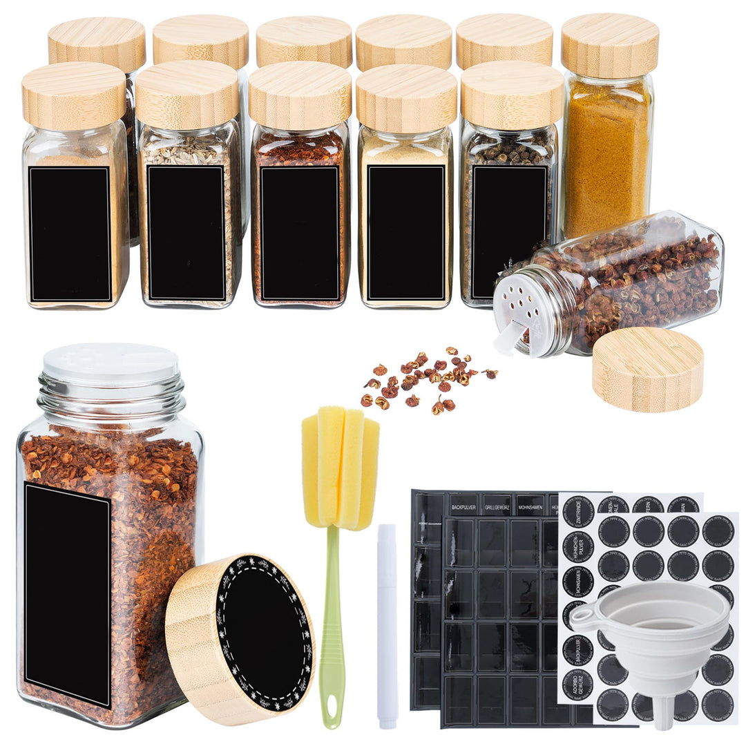 12 Stück Gewürzgläser Eckig Set Gewürzglas Aus Glas Spice Jars 120ML Gewürzdosen Mit Etiketten Marke