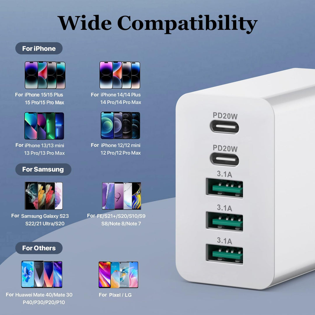 2er Pack USB C Ladegerät 50W, 5 Ports Mehrfach USB Stecker mit【2 USBC+3 USBA】, 50W Netzteil Wand-Lad