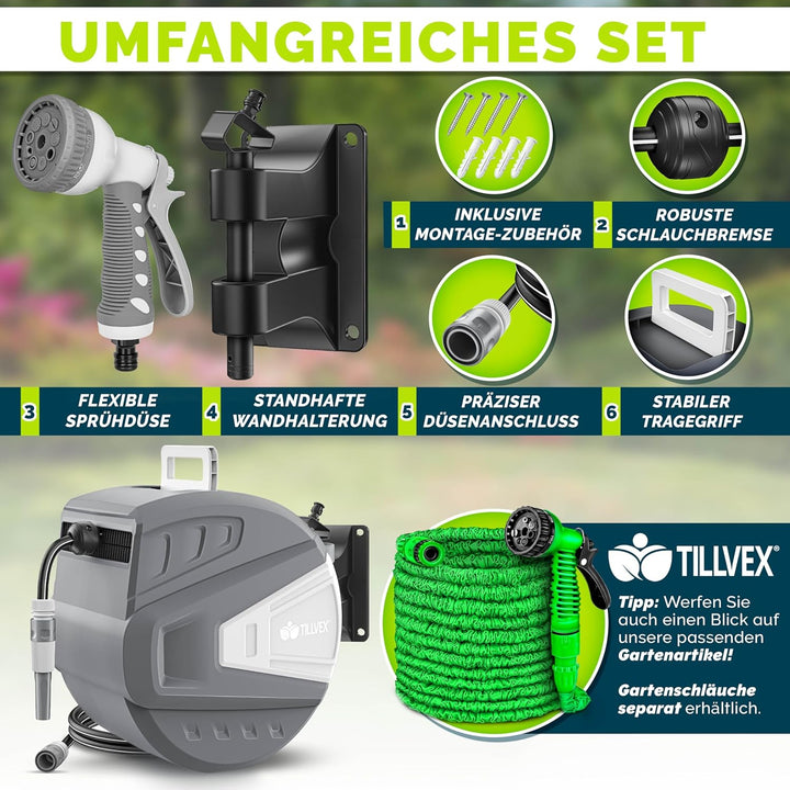 tillvex Schlauchtrommel Wasser 15+2m mit Wandhalterung + Tragegriff | Schlauchaufroller mit Handbrau