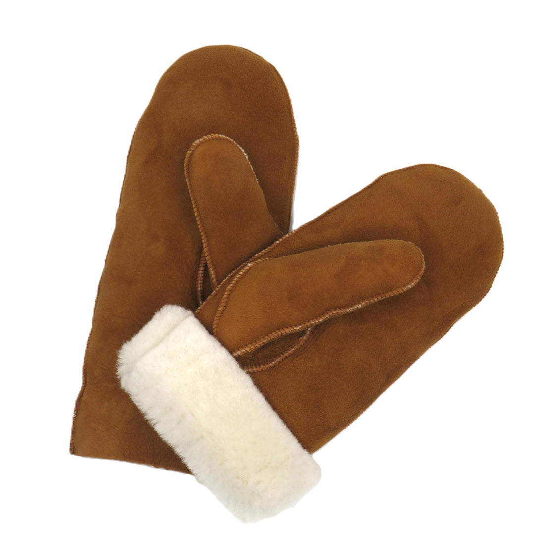 Lammfell Handschuhe Fäustlinge, Fausthandschuhe aus Merino Lammfell, Cognac - braun - olive, Damen -