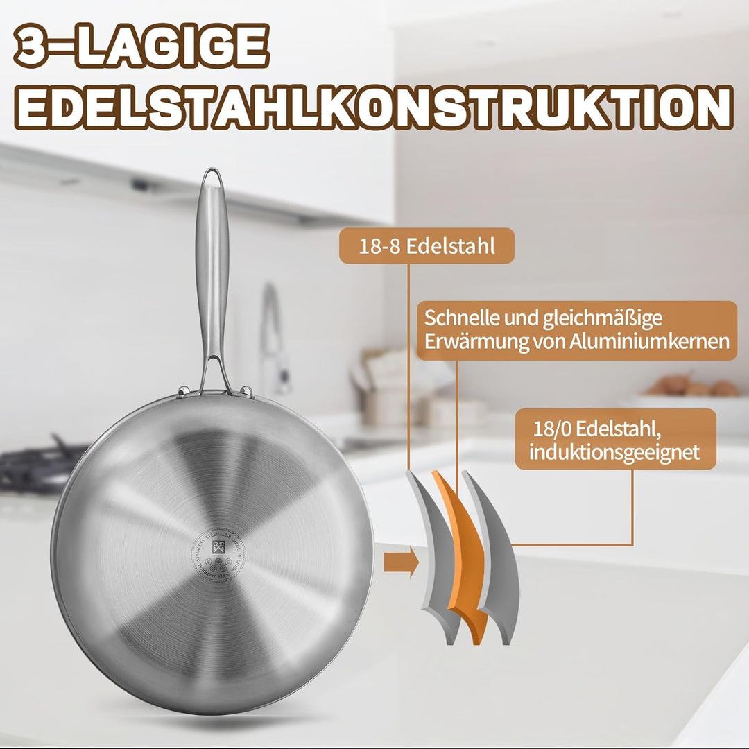 Edelstahlpfanne 28 cm, Edelstahl Pfanne Induktion Unbeschichtet, Stainless Steel Pan PFAS-, PTFE- un