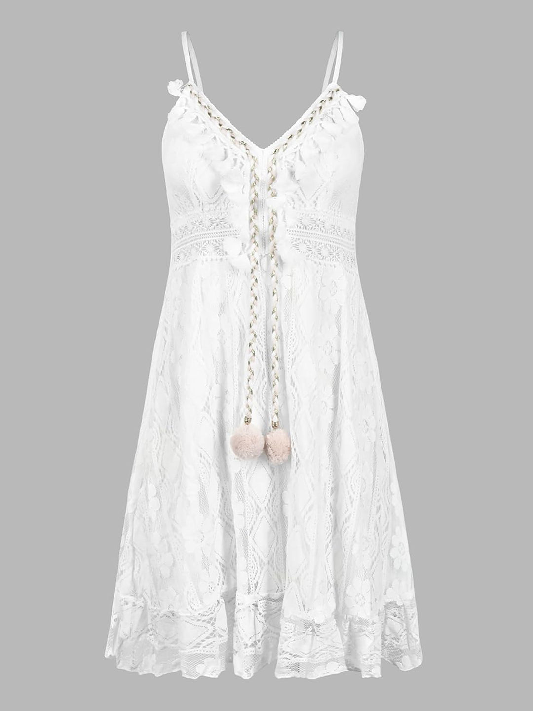 CUPSHE Damen Sommerkleid V Ausschnitt Floral Spitze Quasten Spaghetti Trägerkleid Freizeitkleider Bo
