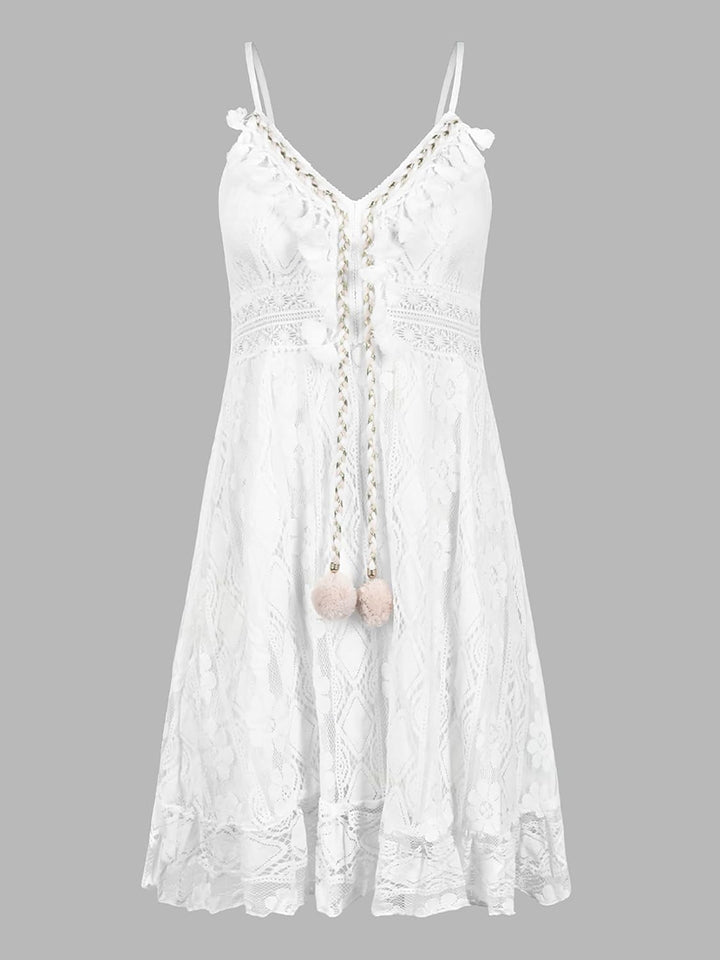 CUPSHE Damen Sommerkleid V Ausschnitt Floral Spitze Quasten Spaghetti Trägerkleid Freizeitkleider Bo
