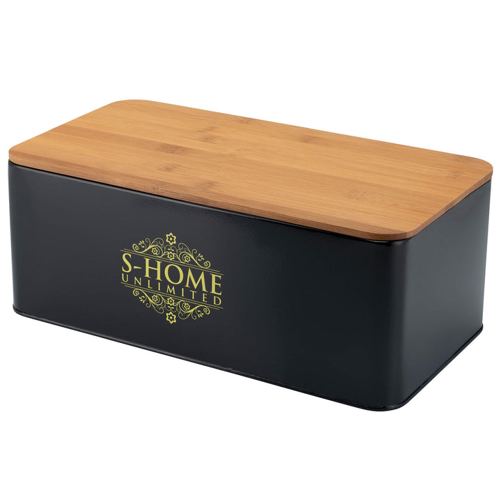Brotkasten Metall Schwarz mit Bambusdeckel | 2-in-1 Brotbox &amp; Schneidebrett | Belüftete Brotaufbewah