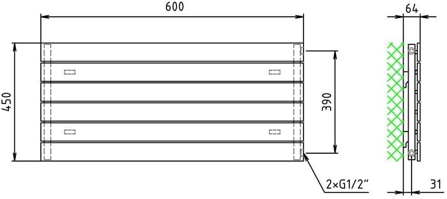 Paneelheizkörper Heizkörper Badheizkörper horizontal 450 x 600 seitlicher Anschluss (303 Watt nach E