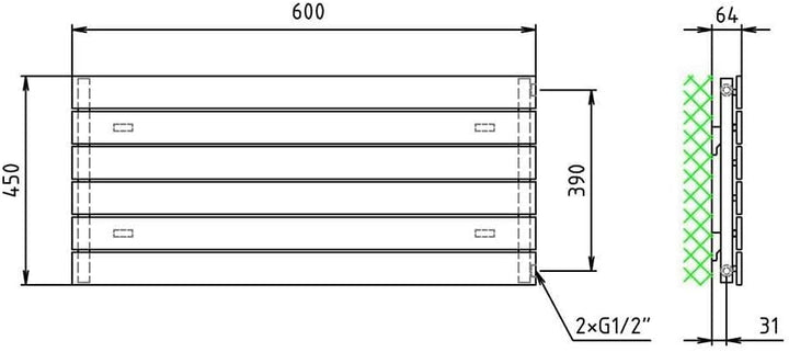 Paneelheizkörper Heizkörper Badheizkörper horizontal 450 x 600 seitlicher Anschluss (303 Watt nach E