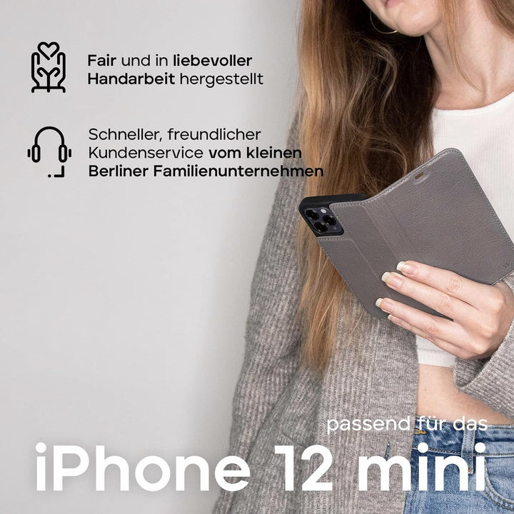 WIIUKA Hülle für iPhone 12 Mini, Lederhülle, Deutsches Premium Leder, mit Kartenfach, extra Dünn, Ha