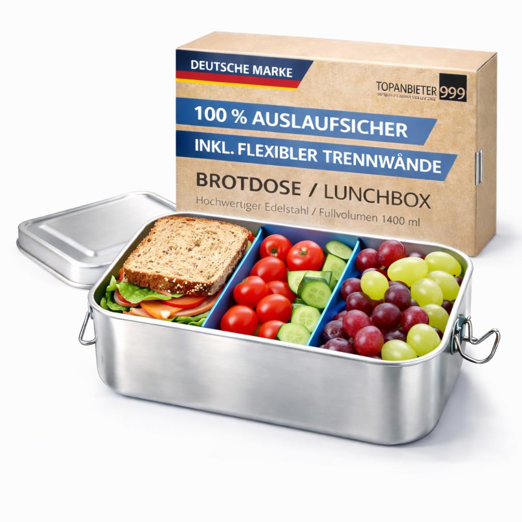 Premium Lunchbox 1400 ml aus Edelstahl – auslaufsichere Brotzeitbox mit Fächern, nachhaltige Bento-b