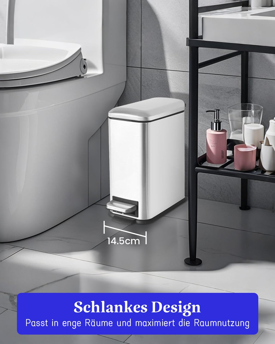Mülleimer Bad 5L,Rechteckiger Tretmülleimer mit Deckel Mülleimer aus Edelstahl,Schlank Mülleimer mit
